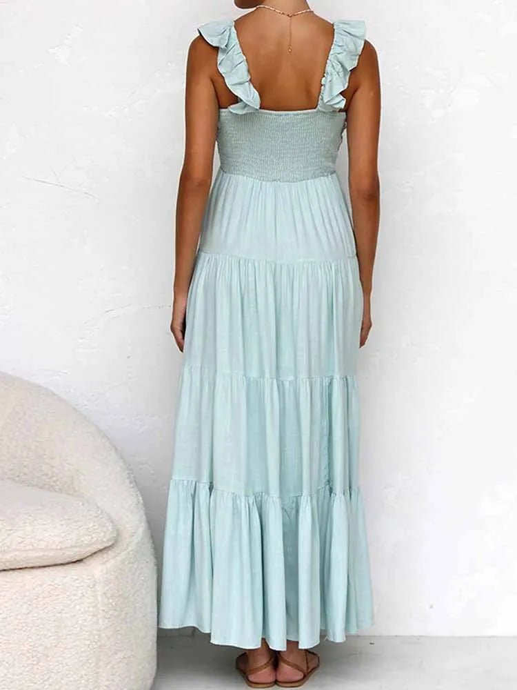 Vestido maxi Tahlia em algodão e linho com folhos