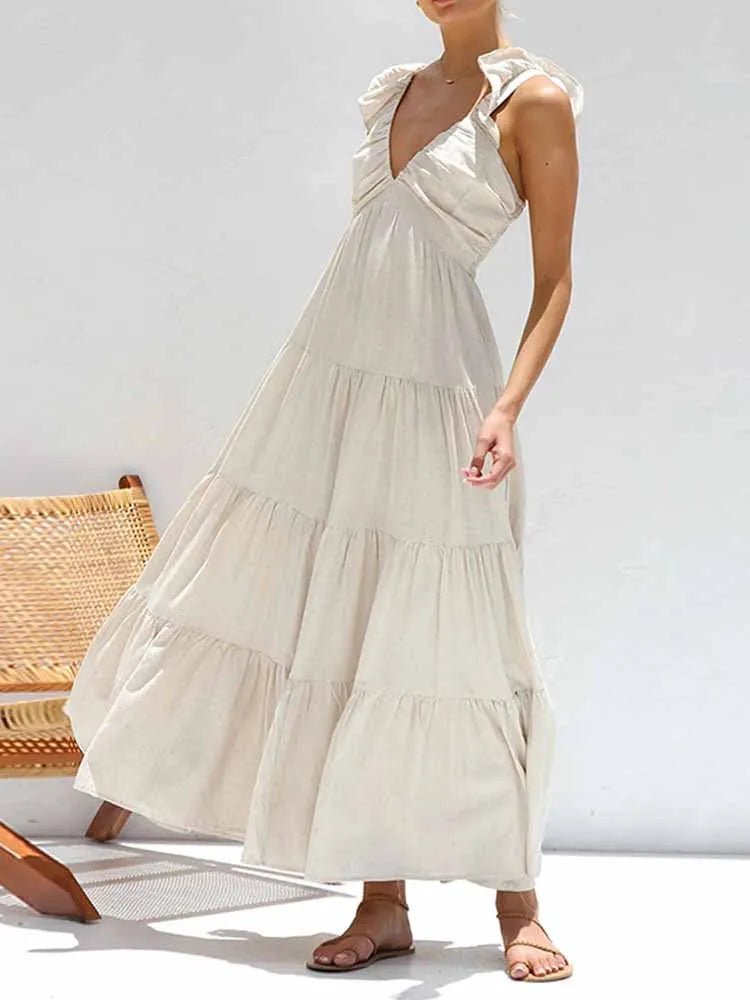 Vestido maxi Tahlia em algodão e linho com folhos