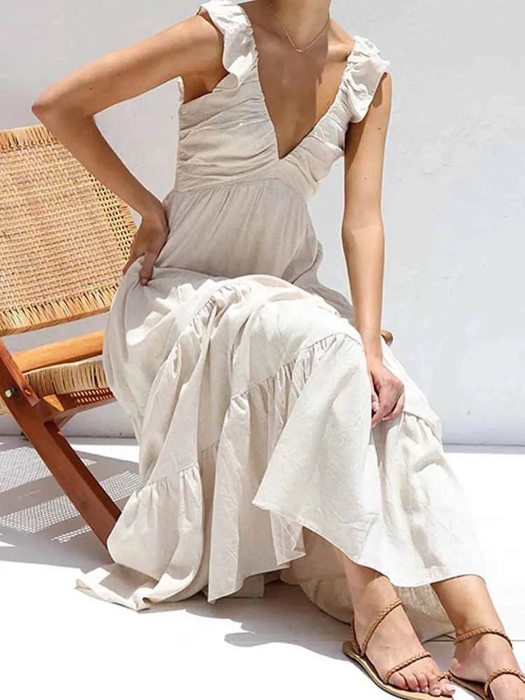 Vestido maxi Tahlia em algodão e linho com folhos