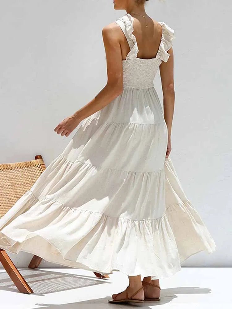 Vestido maxi Tahlia em algodão e linho com folhos