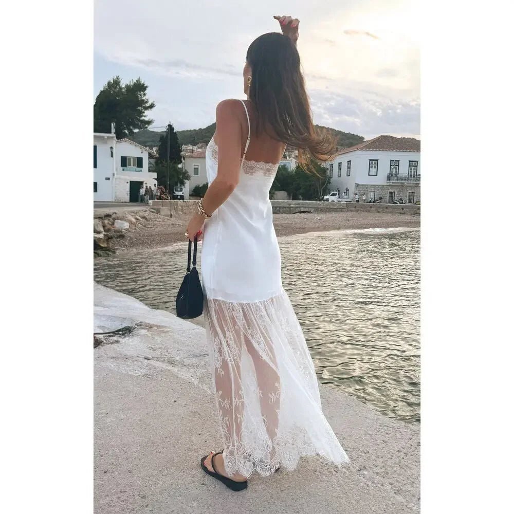 Tessa Satin Lace-Trim Maxi Dress