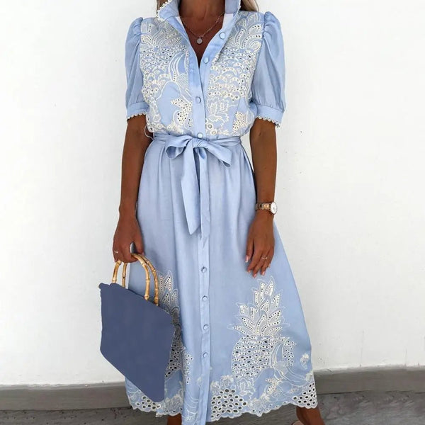 Vestido comprido Theresa de renda bordada com cordões