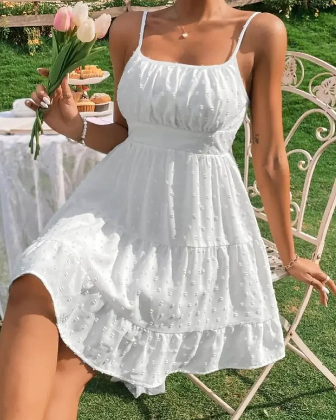 Vestido mini Tracy com folhos em camadas e alças finas