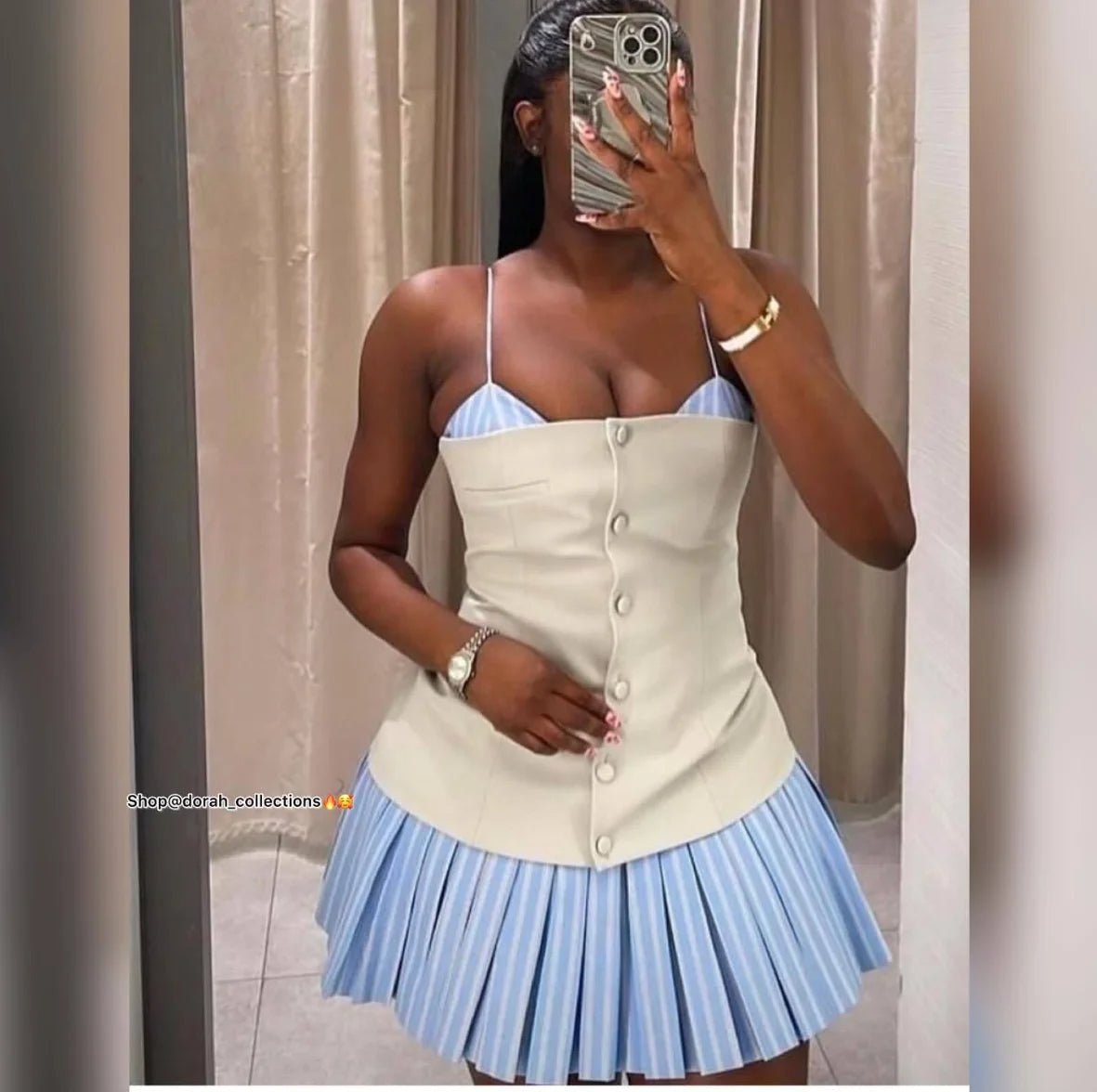 Vestido mini Trina tipo espartilho, plissado e às riscas
