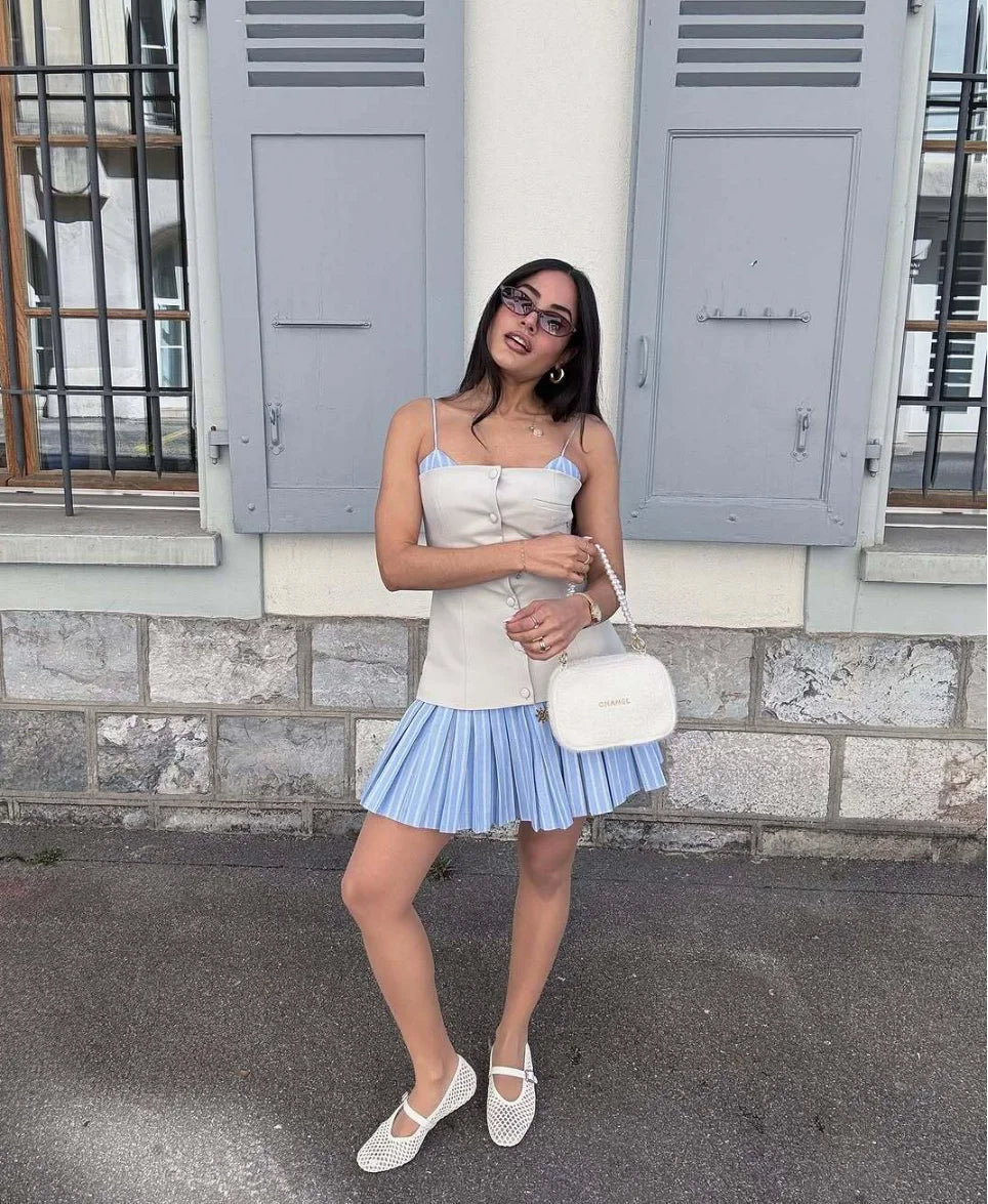 Vestido mini Trina tipo espartilho, plissado e às riscas