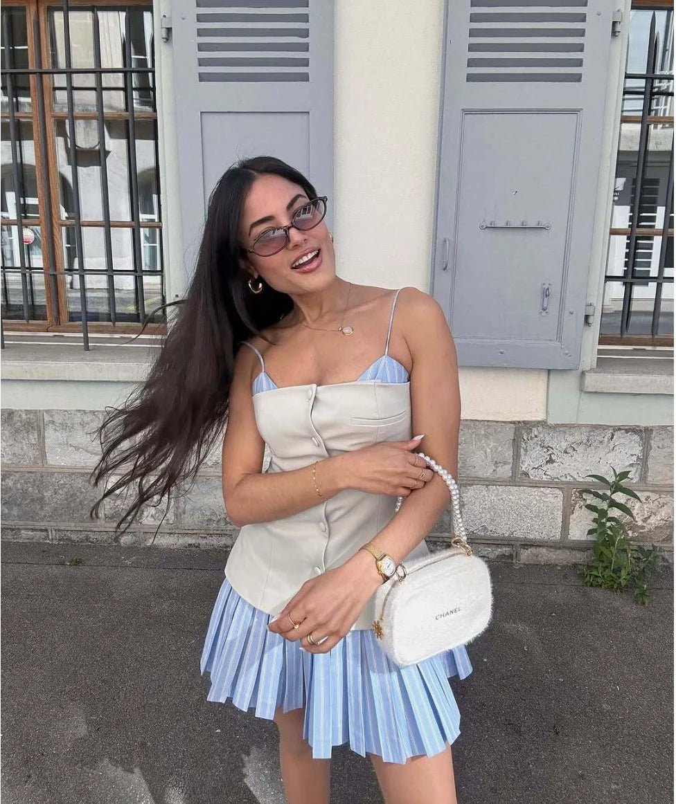 Vestido mini Trina tipo espartilho, plissado e às riscas