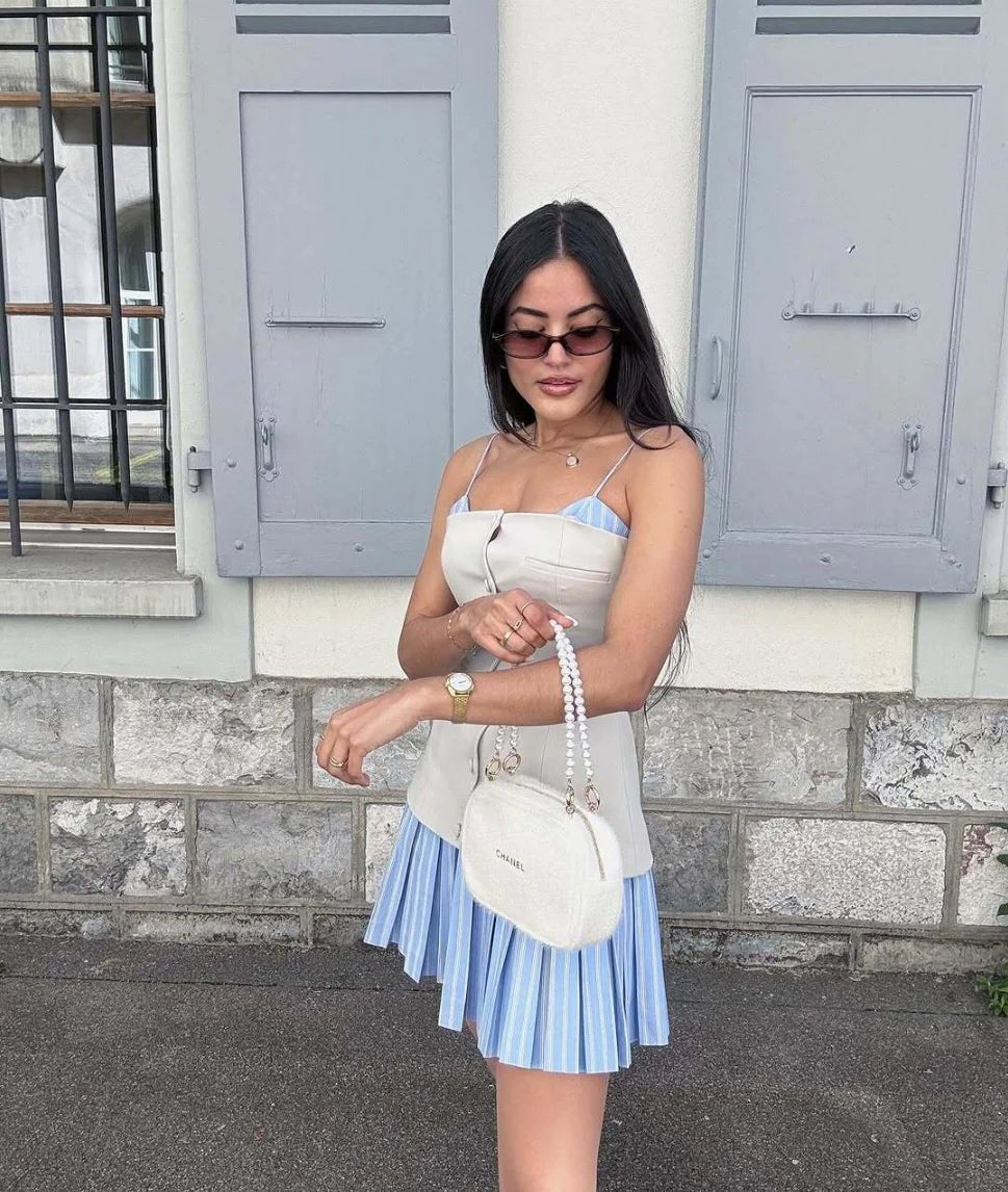 Vestido mini Trina tipo espartilho, plissado e às riscas