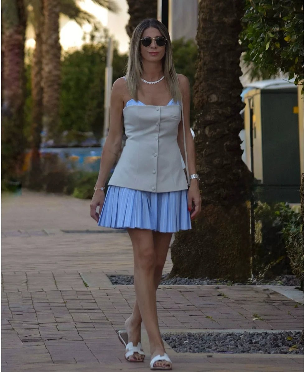 Vestido mini Trina tipo espartilho, plissado e às riscas