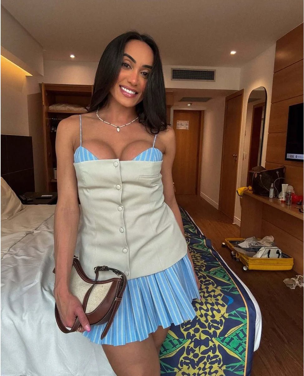 Vestido mini Trina tipo espartilho, plissado e às riscas