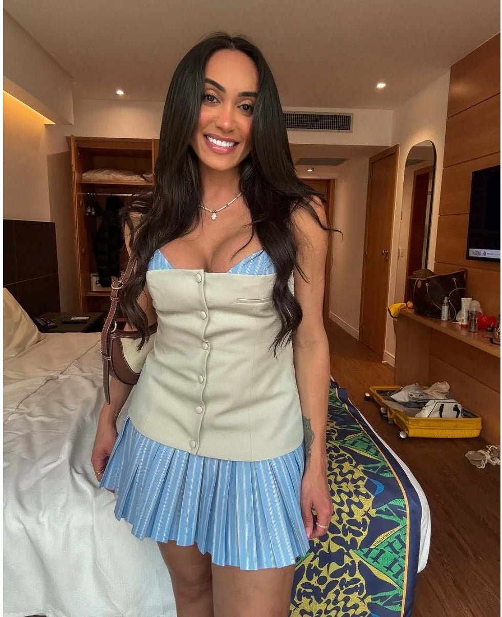 Vestido mini Trina tipo espartilho, plissado e às riscas