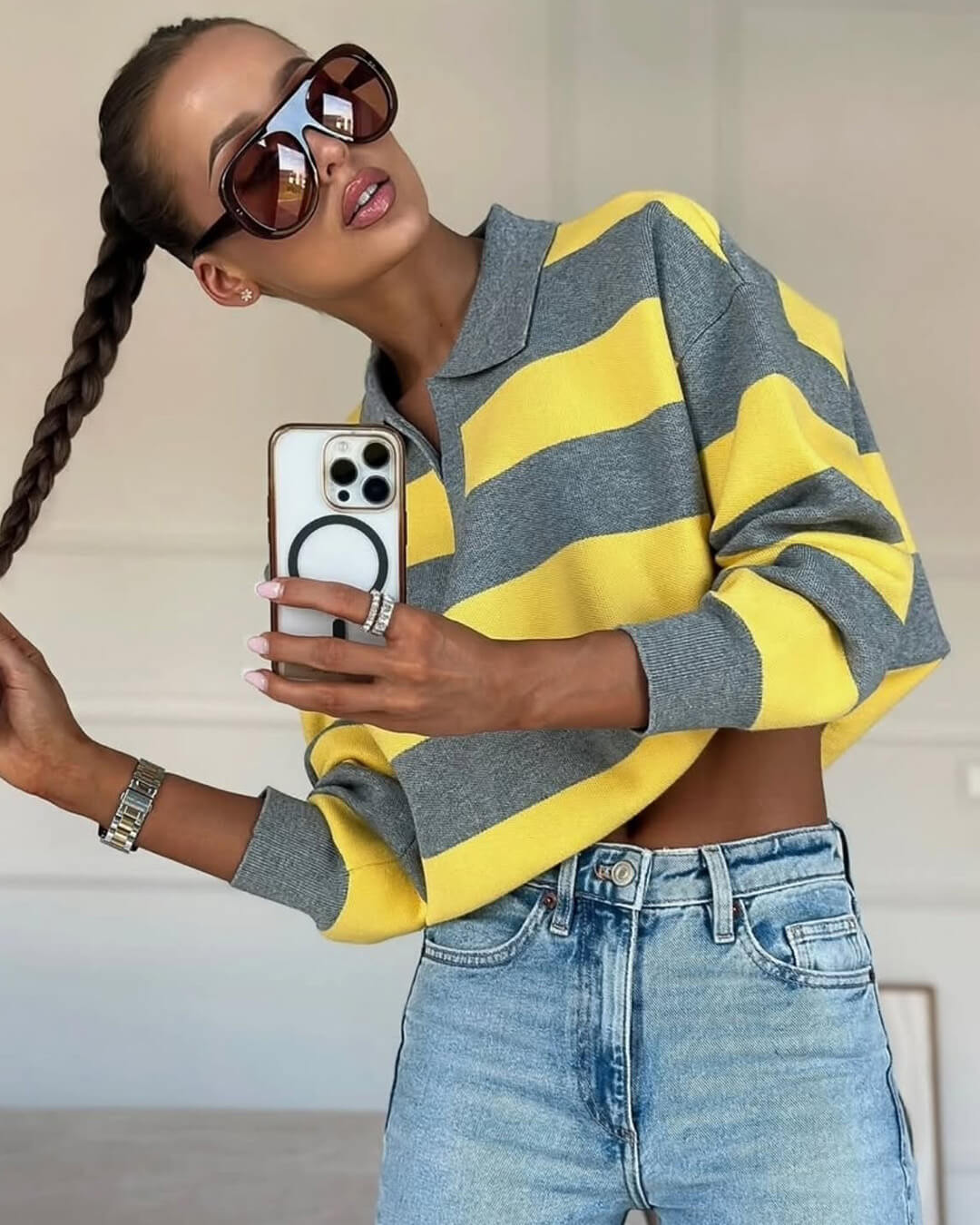 Camisola de malha às riscas com decote em V Una