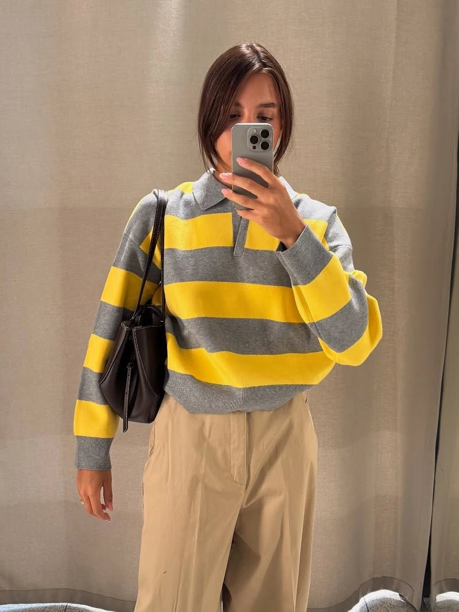 Camisola de malha às riscas com decote em V Una