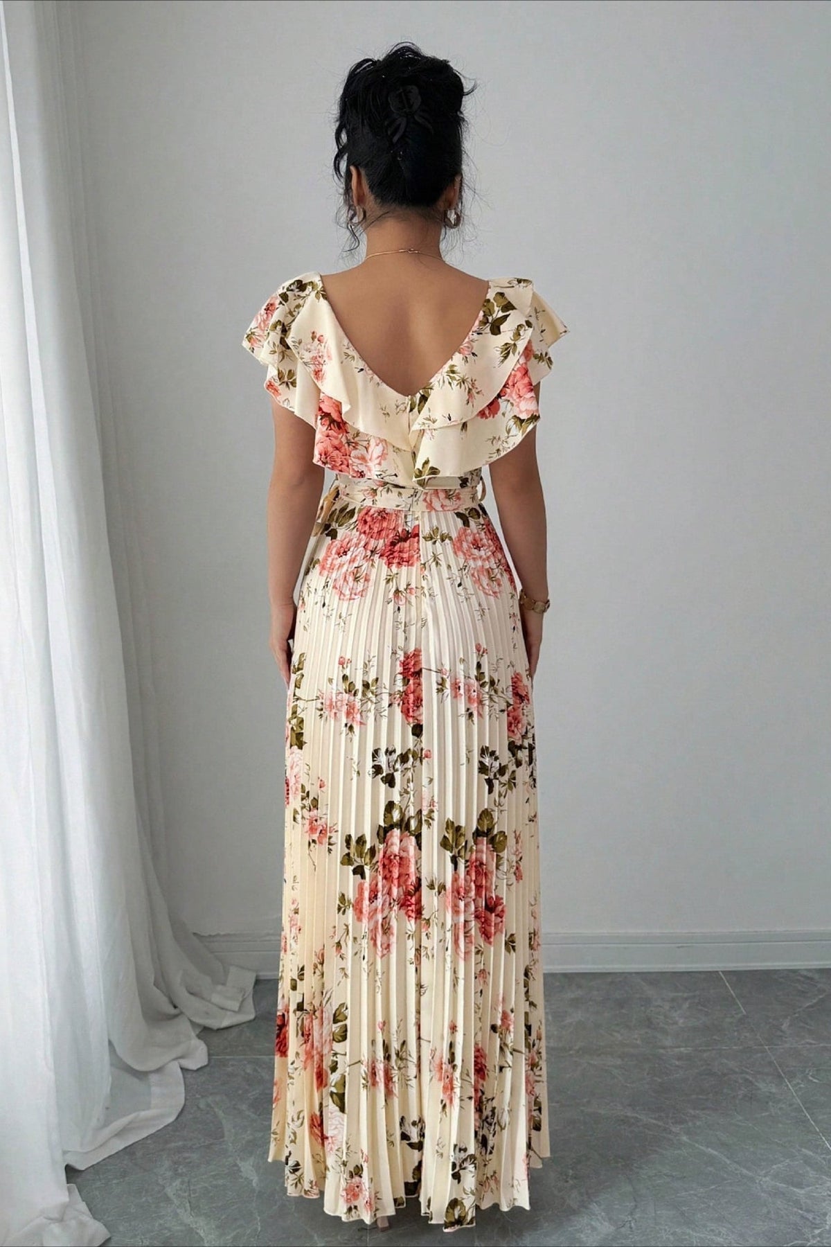 Valentina Floral V-Neck Ruffle Sleeve Maxi Dress