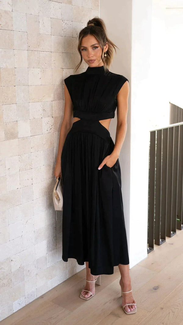 Vestido midi Valentina de gola subida com recortes na cintura
