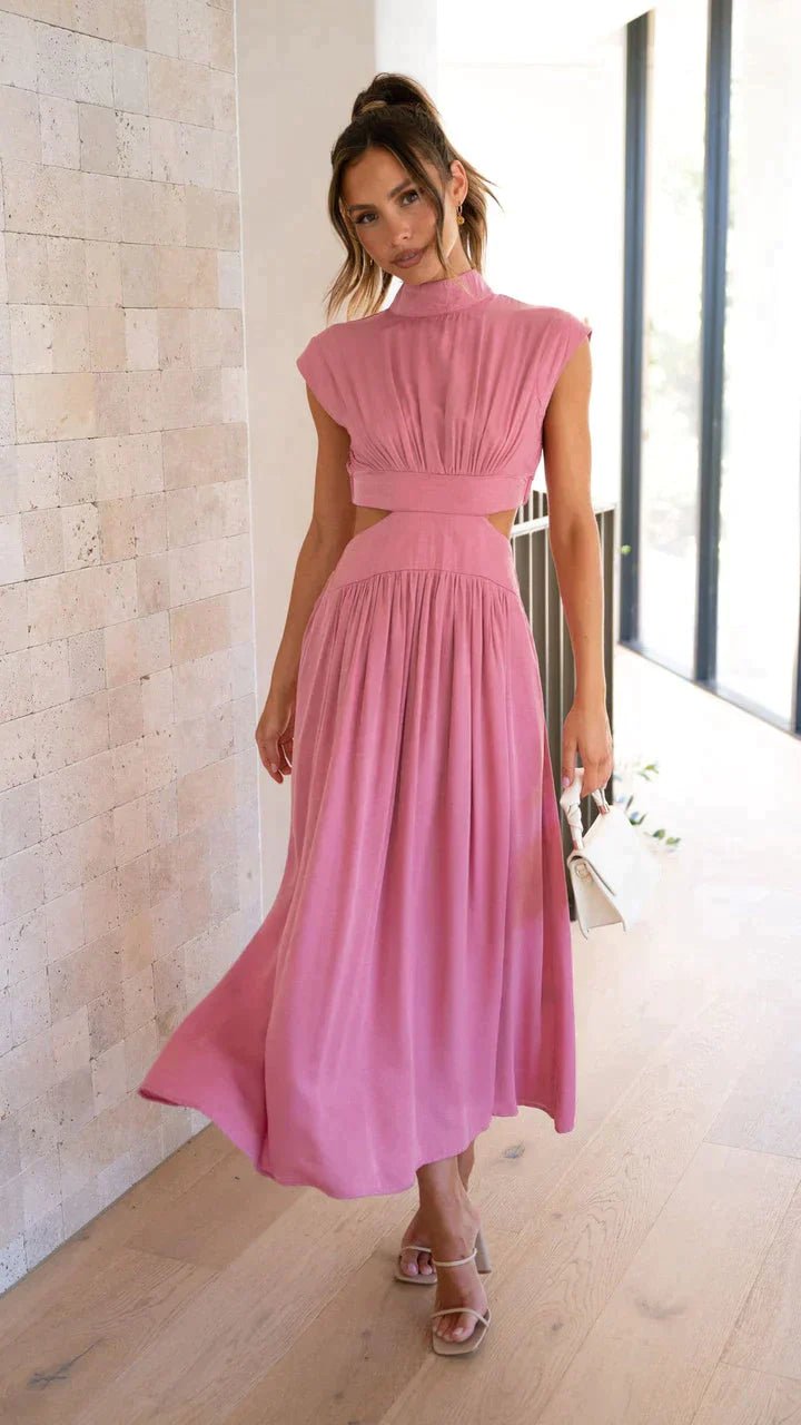 Vestido midi Valentina de gola subida com recortes na cintura