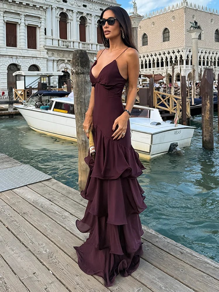 Vestido de noite com folhos e alças Venetia