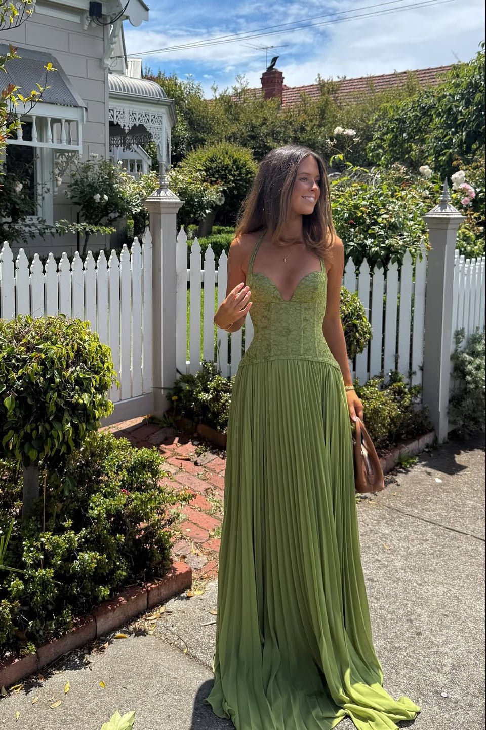 Vestido comprido com corpete plissado Vivian