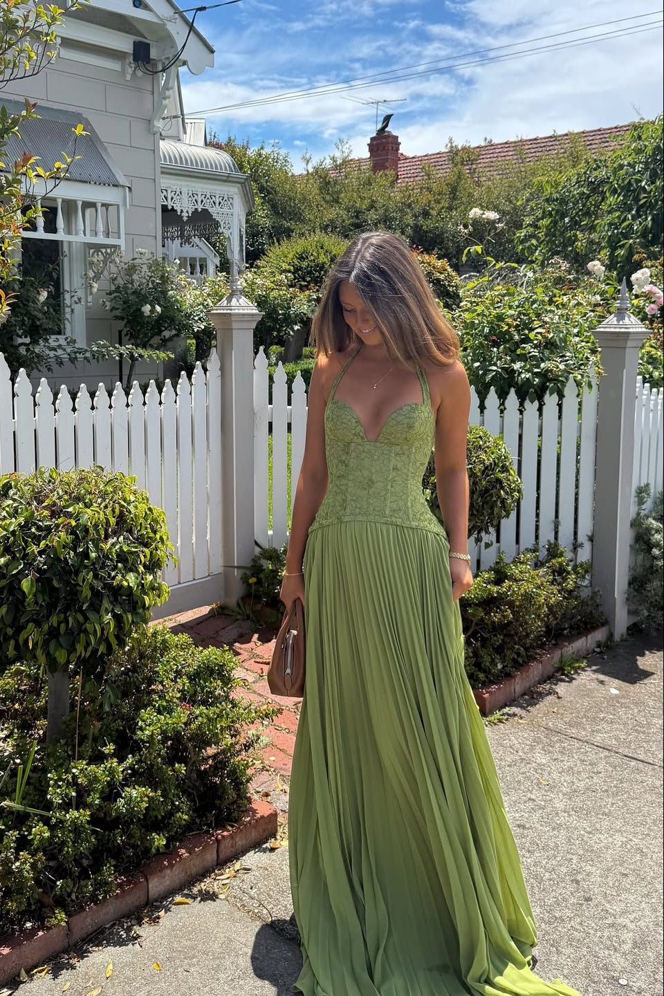 Vestido comprido com corpete plissado Vivian
