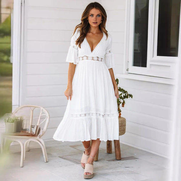 Vestido midi Winona de renda com decote em V