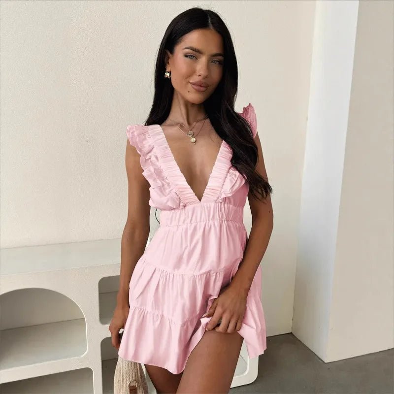 Vestido Zelia sem mangas com decote em V e folhos
