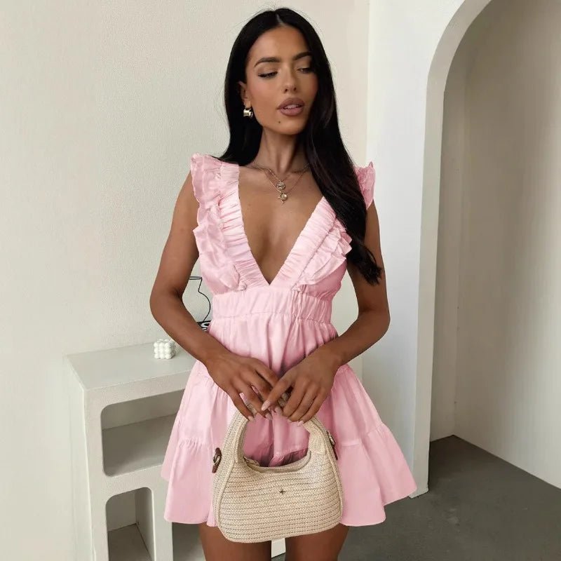 Vestido Zelia sem mangas com decote em V e folhos
