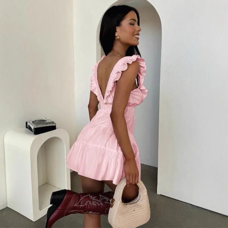 Vestido Zelia sem mangas com decote em V e folhos