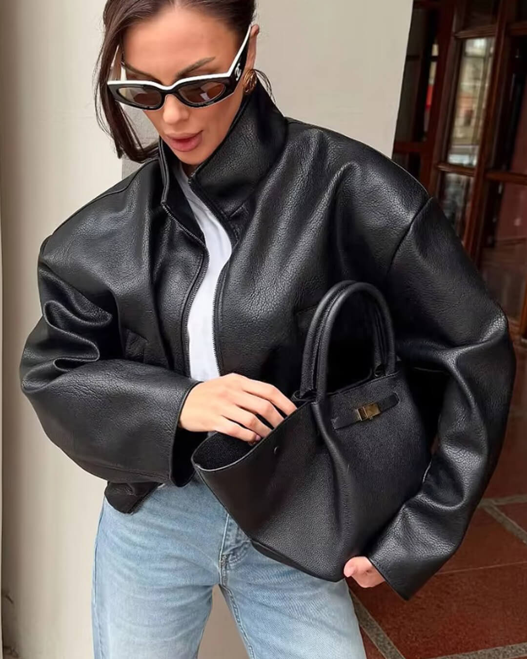 Casaco de cabedal com fecho Zip