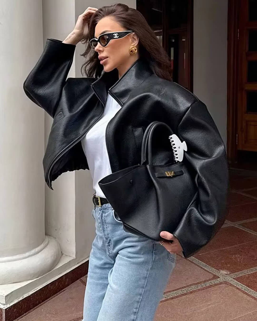 Casaco de cabedal com fecho Zip