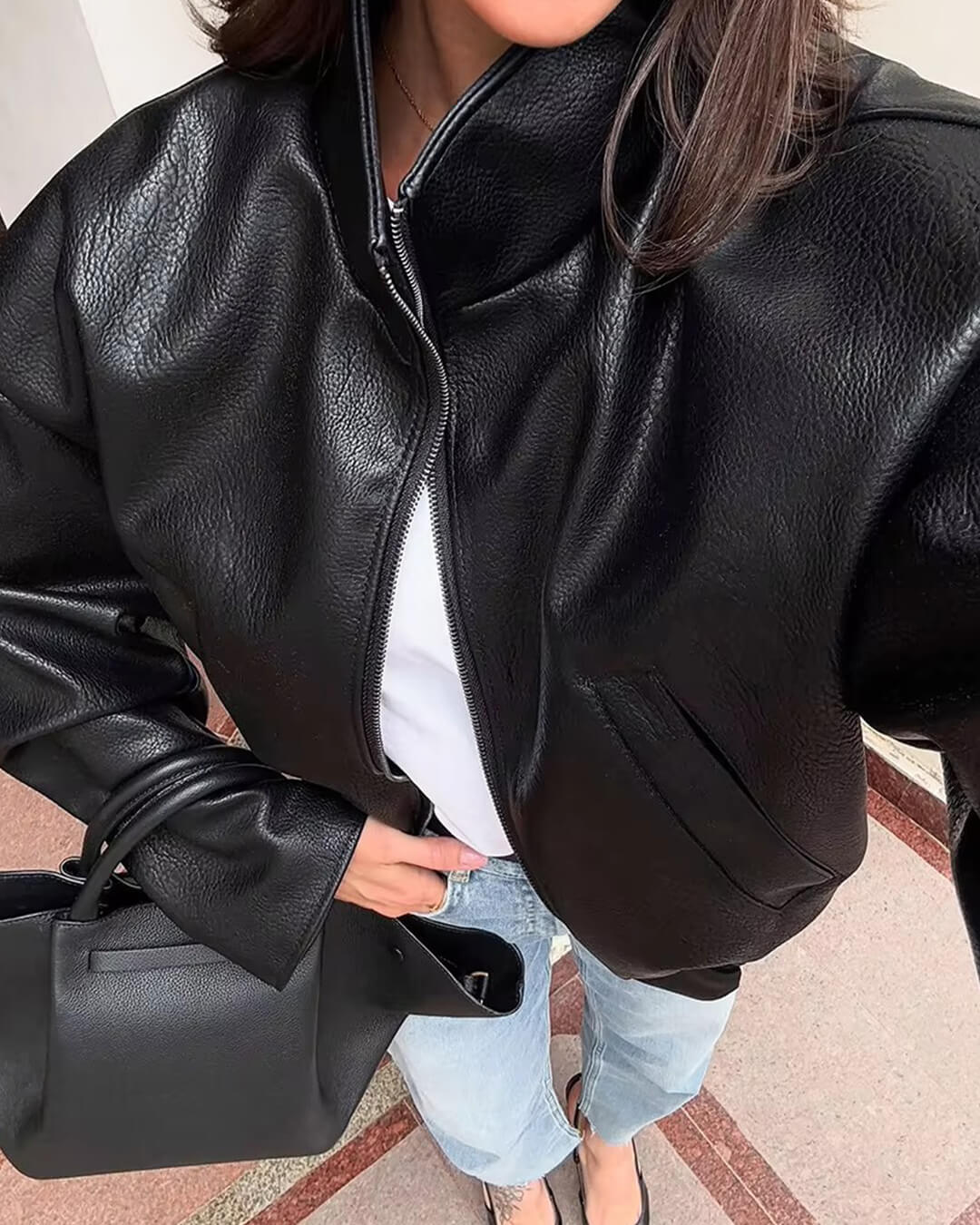 Casaco de cabedal com fecho Zip
