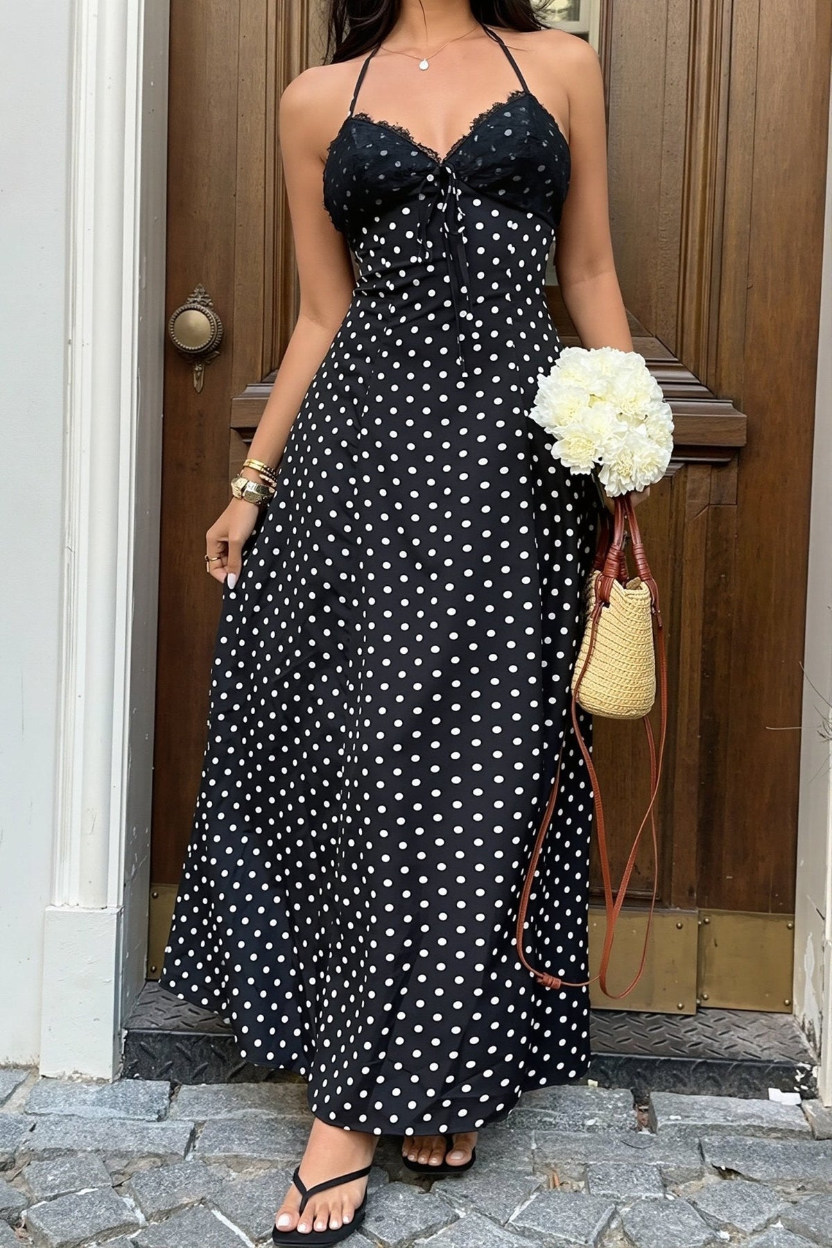 Vestido comprido de decote halter às bolinhas Zoe