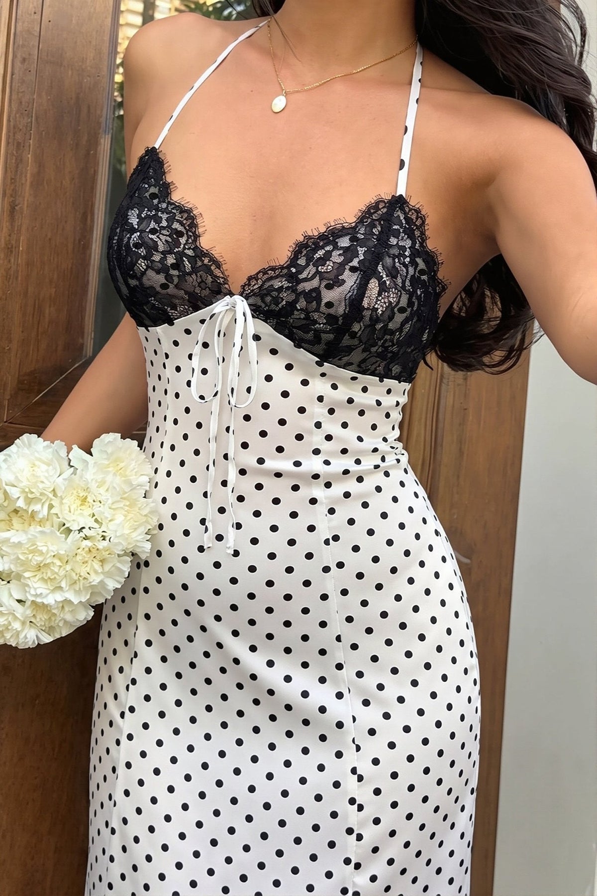 Vestido comprido de decote halter às bolinhas Zoe