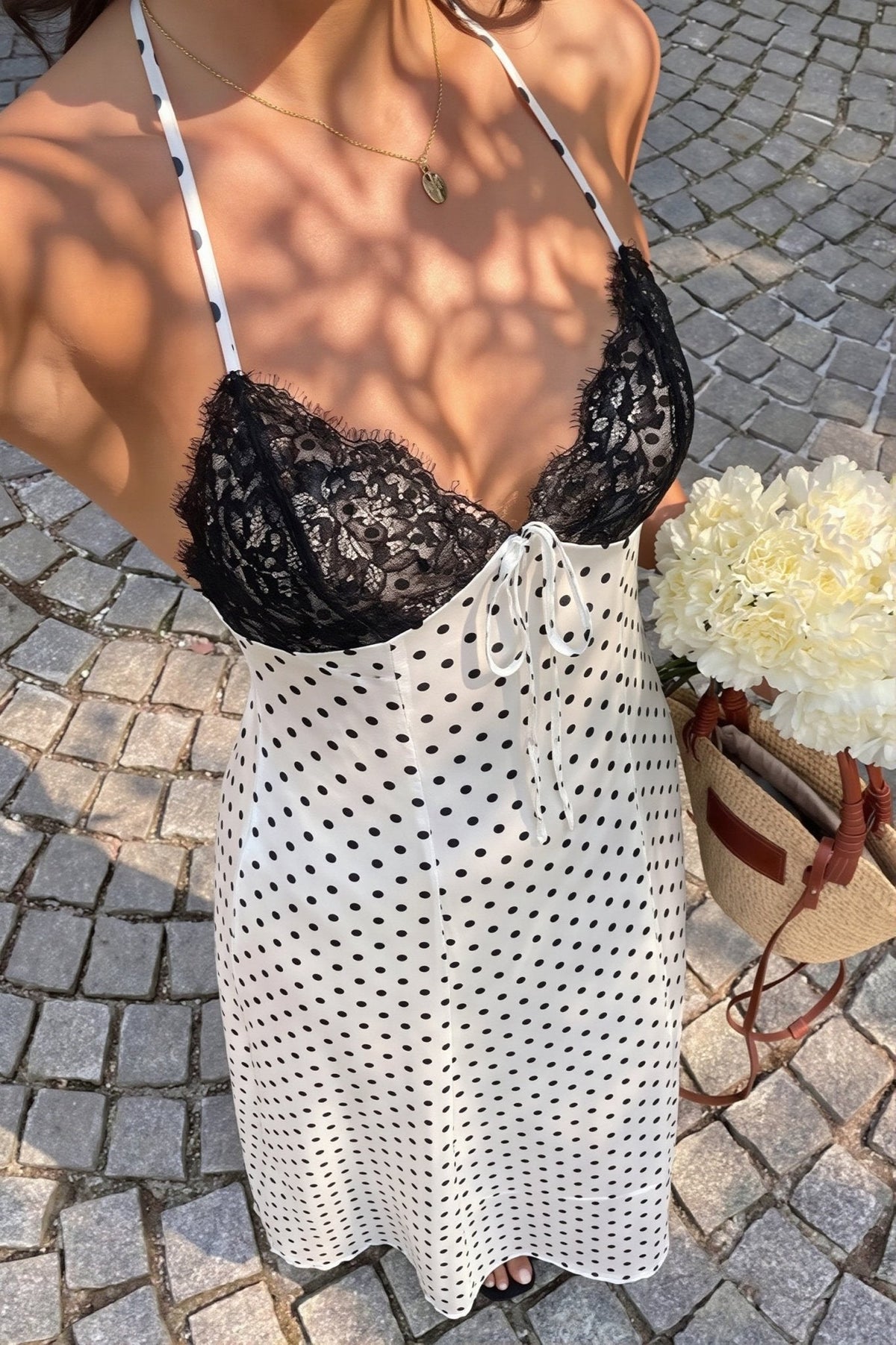 Vestido comprido de decote halter às bolinhas Zoe
