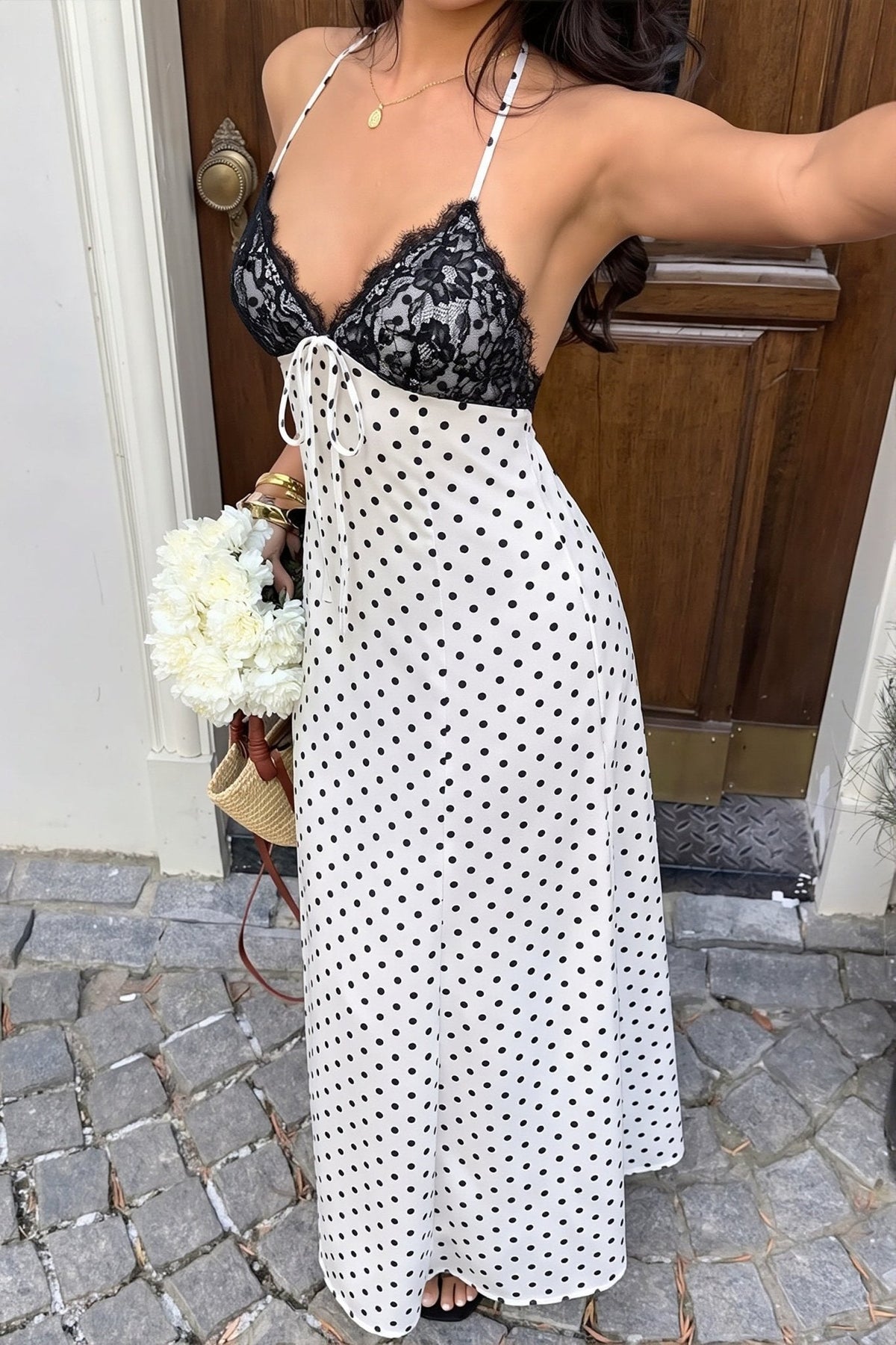 Vestido comprido de decote halter às bolinhas Zoe