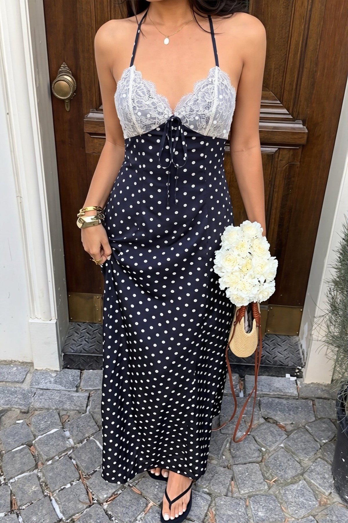 Vestido comprido de decote halter às bolinhas Zoe