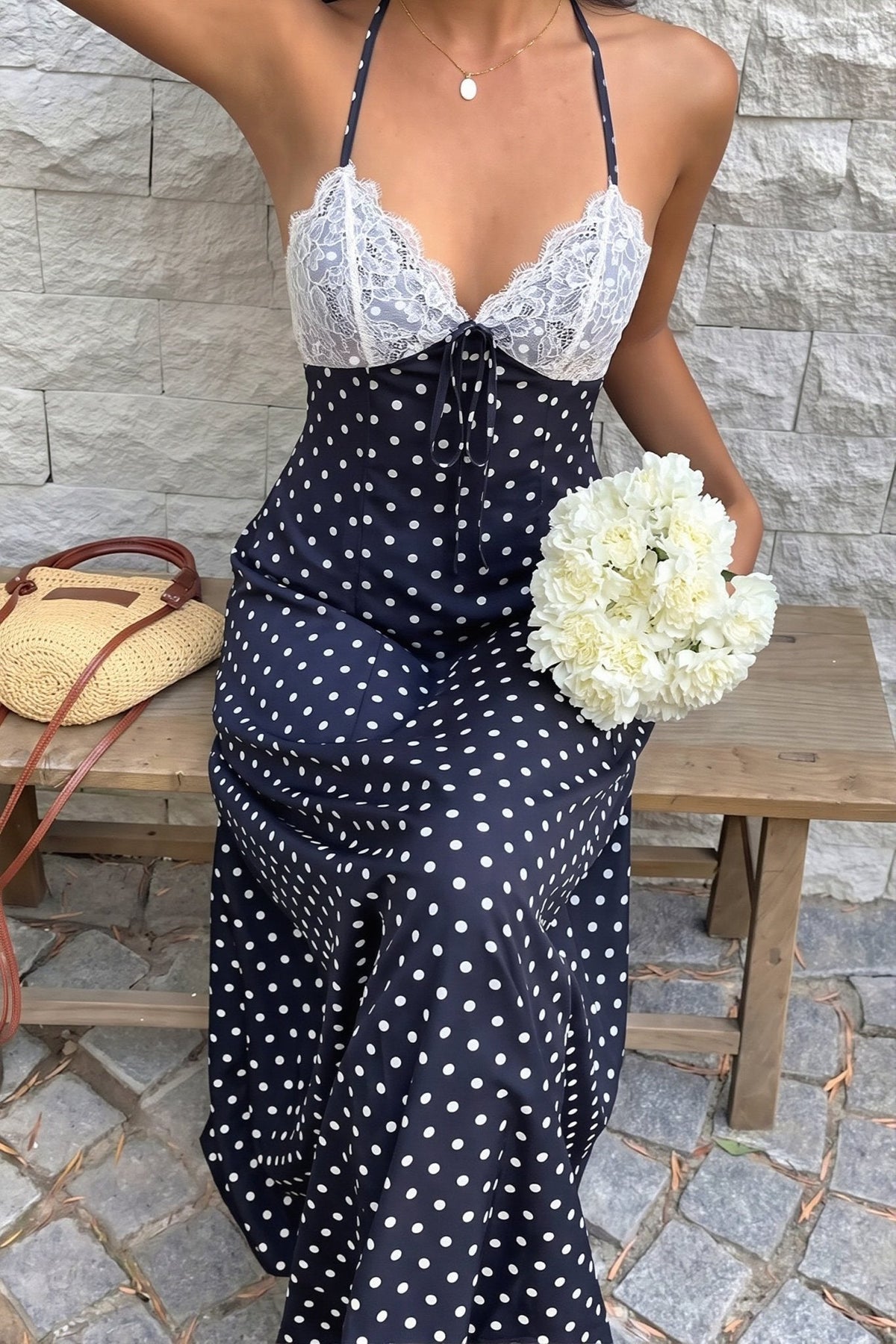 Vestido comprido de decote halter às bolinhas Zoe