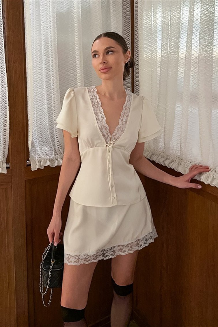 Zoe Satin Lace V-Neck Tie-Waist Skirt Set