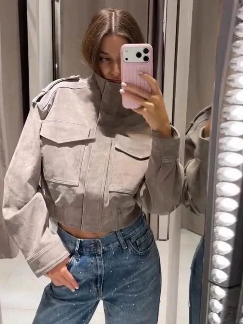 Sigrid Faux Suede Utility Jacket in grey – styled look