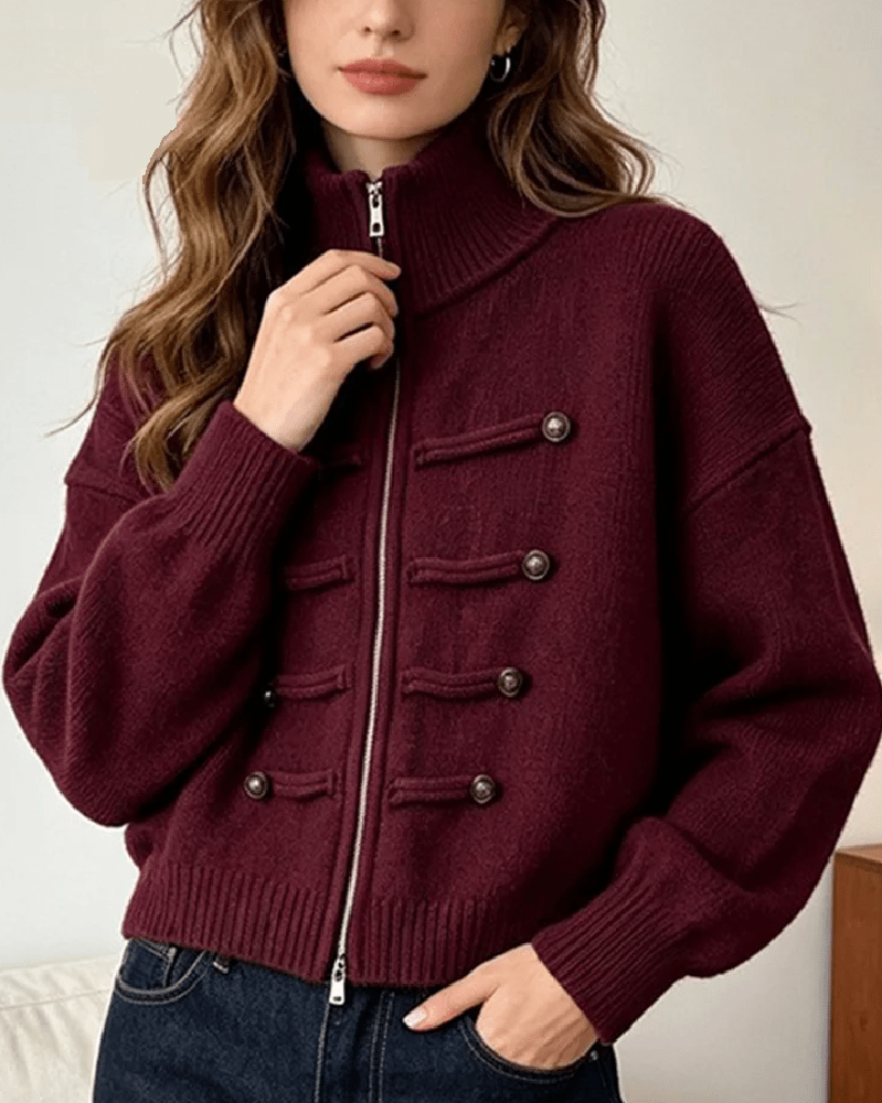 Sofie Turtleneck Zip Knit Cardigan in burgundy – styled look