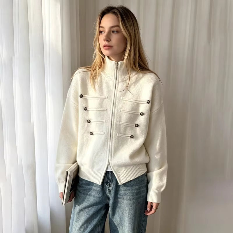 Sofie Turtleneck Zip Knit Cardigan in cream – styled look