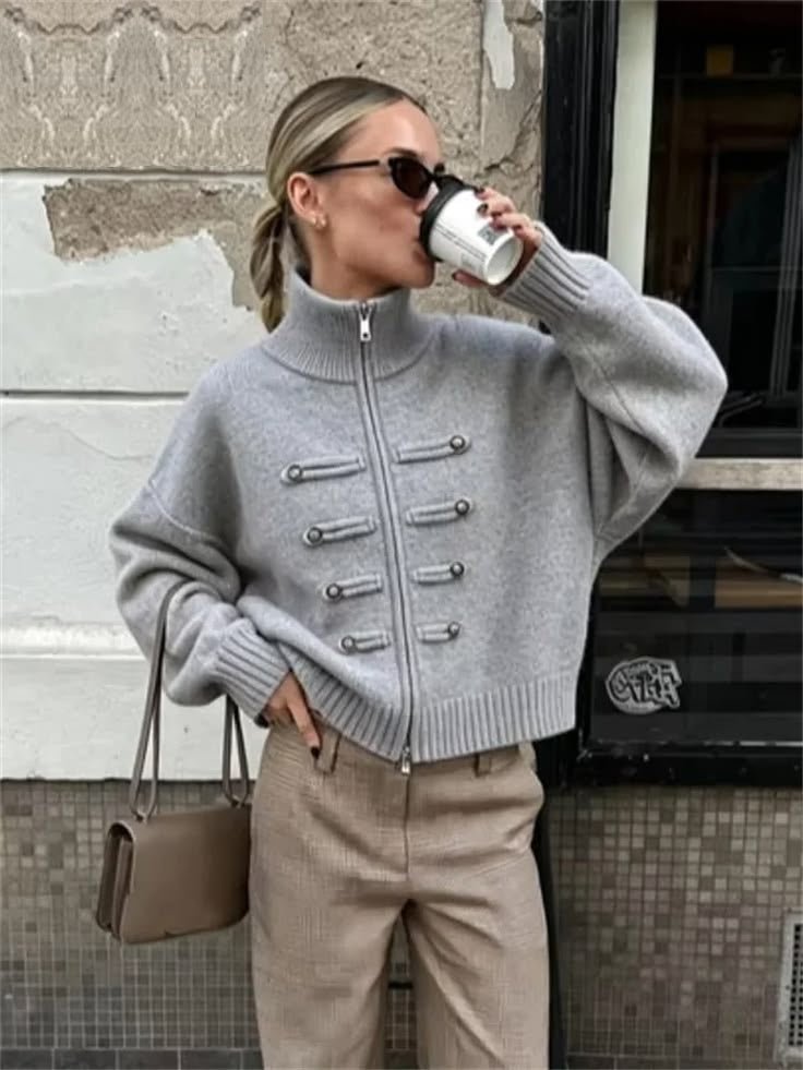 Sofie Turtleneck Zip Knit Cardigan in grey – styled look