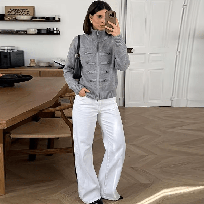 Sofie Turtleneck Zip Knit Cardigan in grey – styled look