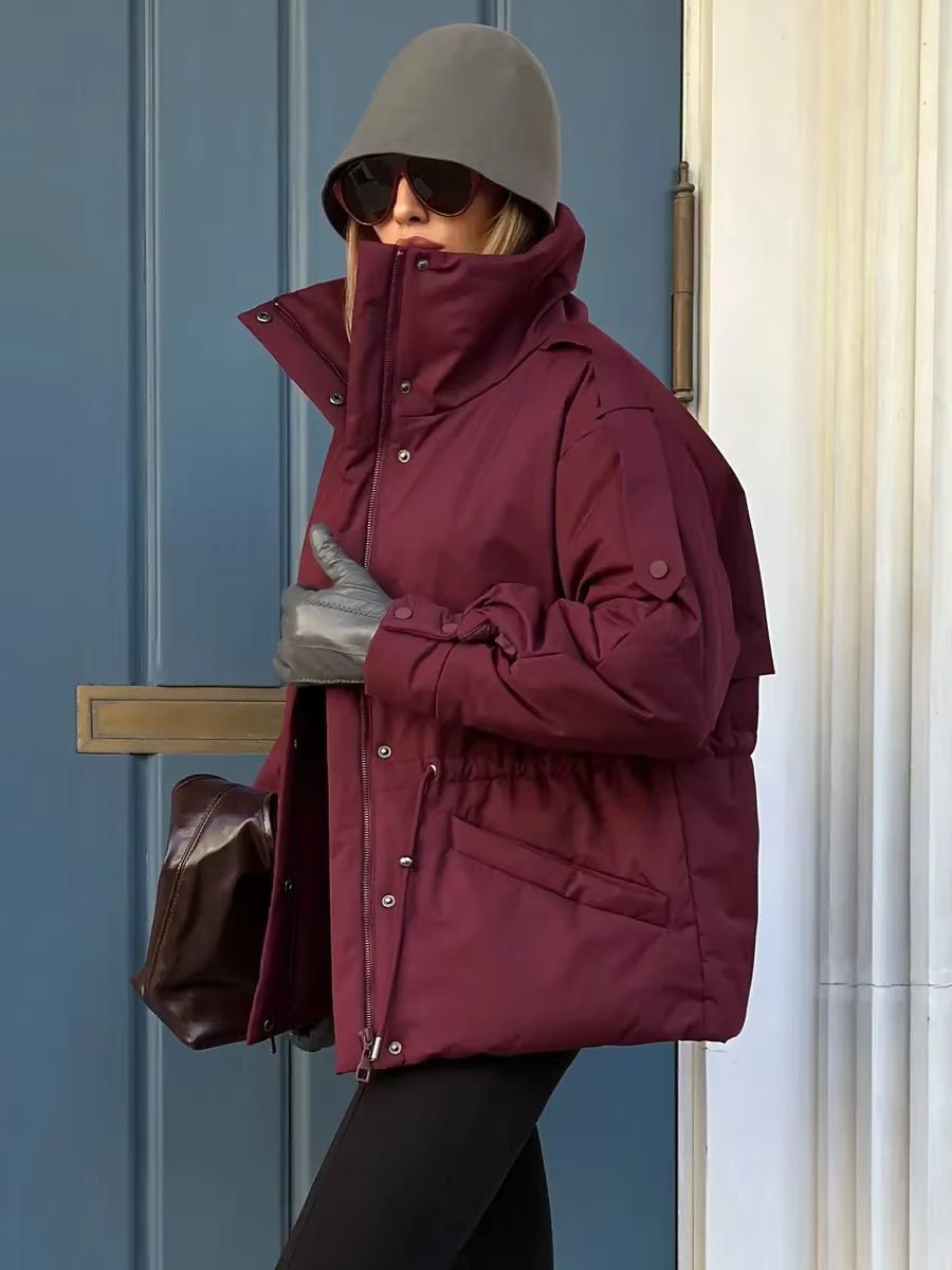 Sunniva Drawstring-Waist Puffer Parka in burgundy – styled look