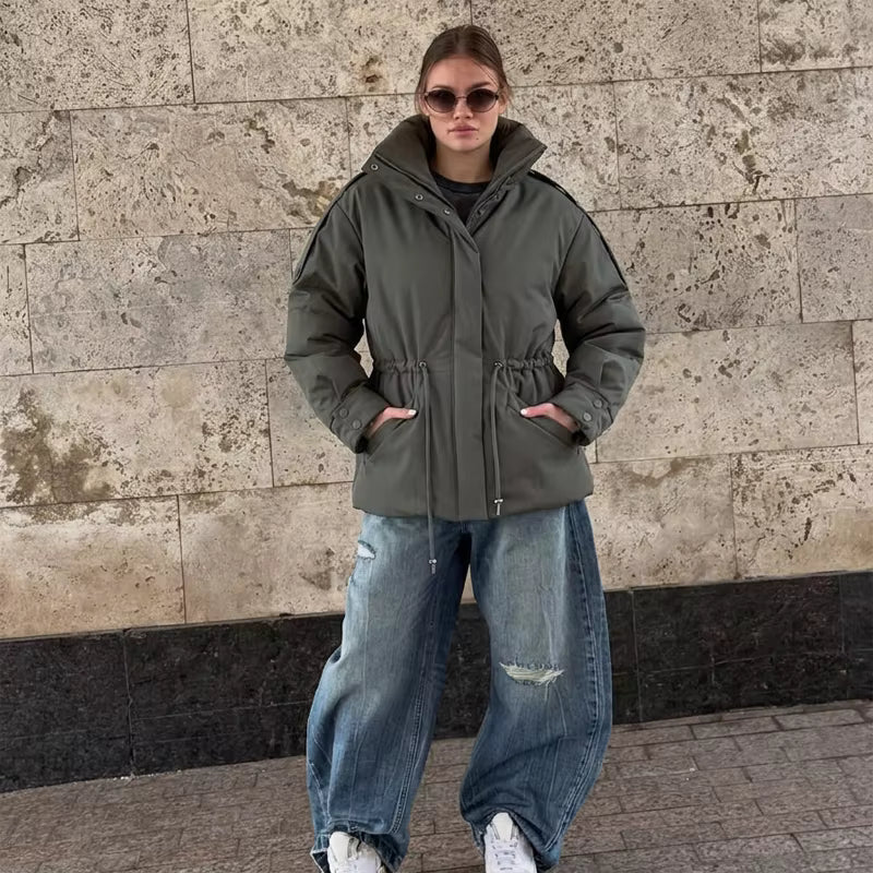 Sunniva Drawstring-Waist Puffer Parka in olive green – styled look